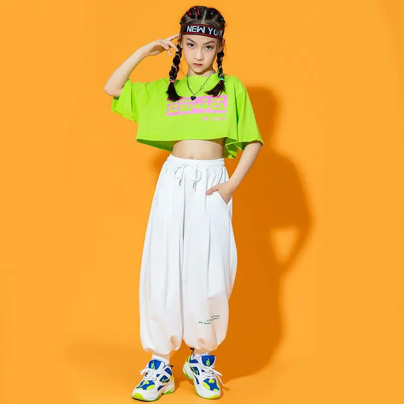 

New Hip Hop Girls Boys Green Tops And Long Pants Child Sweatshirt Joggers Streetwear Clothes Sets Kids Street Dance Jazz Costume