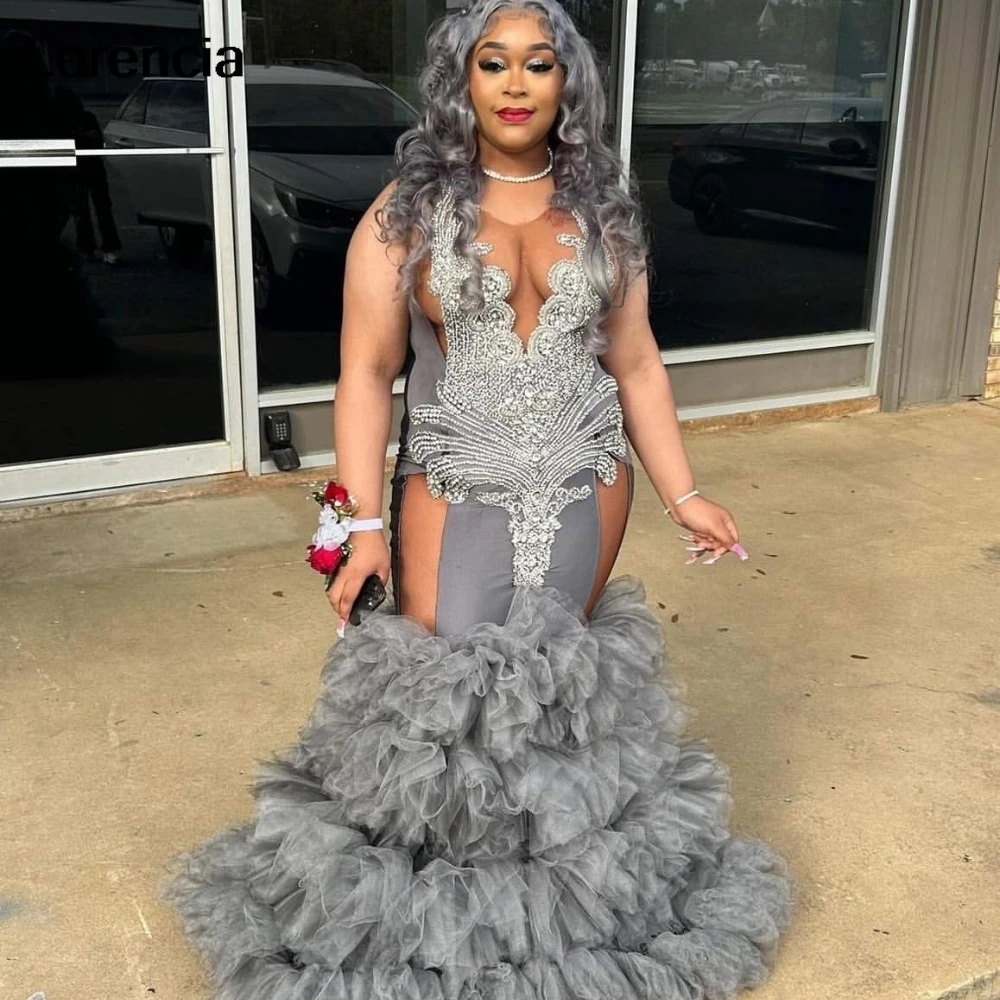 

Lorencia Sparkly Silver Mermaid Prom Dress For African Black Girls Diamonds Beaded Tiered Ruffles Formal Party Gala Gowns YPD104