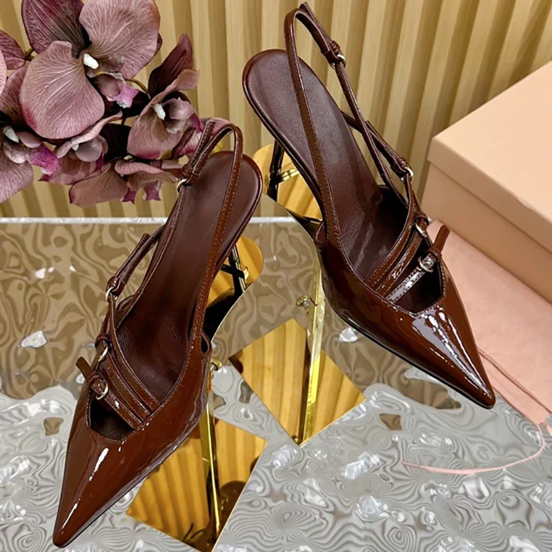 

Fashion Runway Summer Russet Brown High Heeled Shoes Women's Pointed Toe Shallow Mouth Buckle Strap Thin Heels Shoes