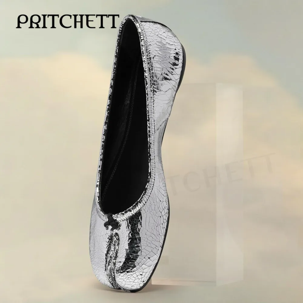 Silver Tabi Mirror Ballerina Pumps Round Toe Flats Plus Size Casual Wrinkled Leather Simple Design Fashion Shoes for Women