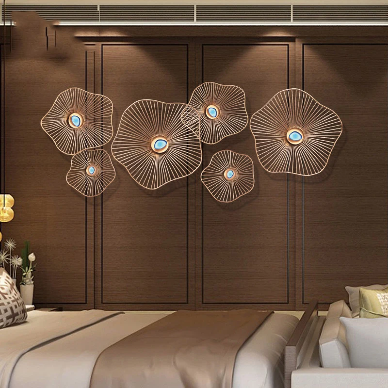 

European Wrought Iron Gold Lotus Leaf Wall Hanging Crafts Decoration Home Livingroom Background 3D Wall Sticker Mural Ornaments