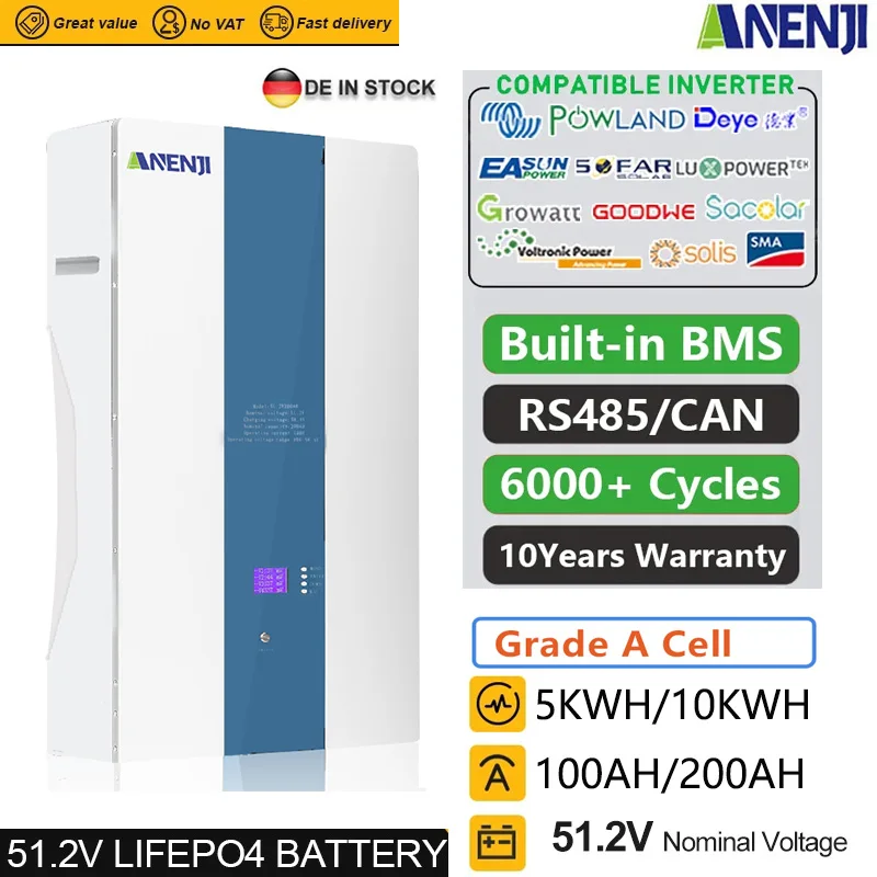 48V Powerwall 10Kwh 200Ah 51.2V Lifepo4 Batteria A Cell 6000 + Cycle Can Rs485 Rs232 16S Bms 10Kwh Per Aerei Solari Fotovoltaici Off/On Grid
