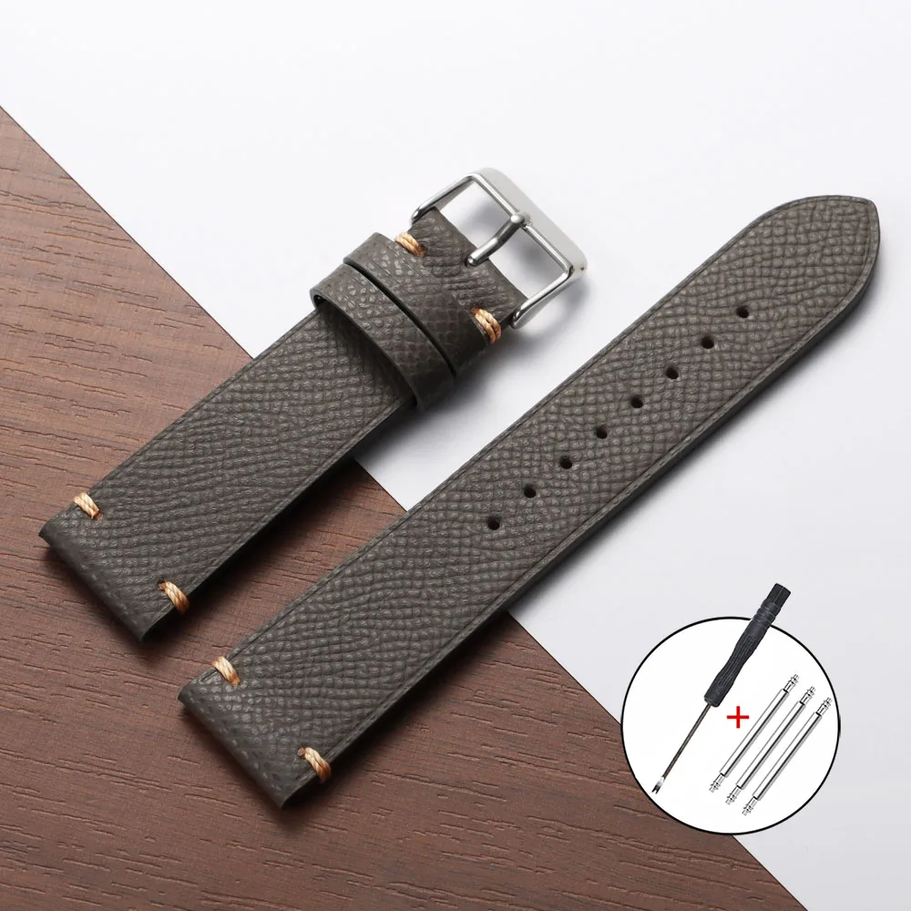 Premium Handmade Genuine Leather Strap - Soft Palm Grain Cowhide Watch Band in Black, Grey, and Brown (18/19/20/22mm)