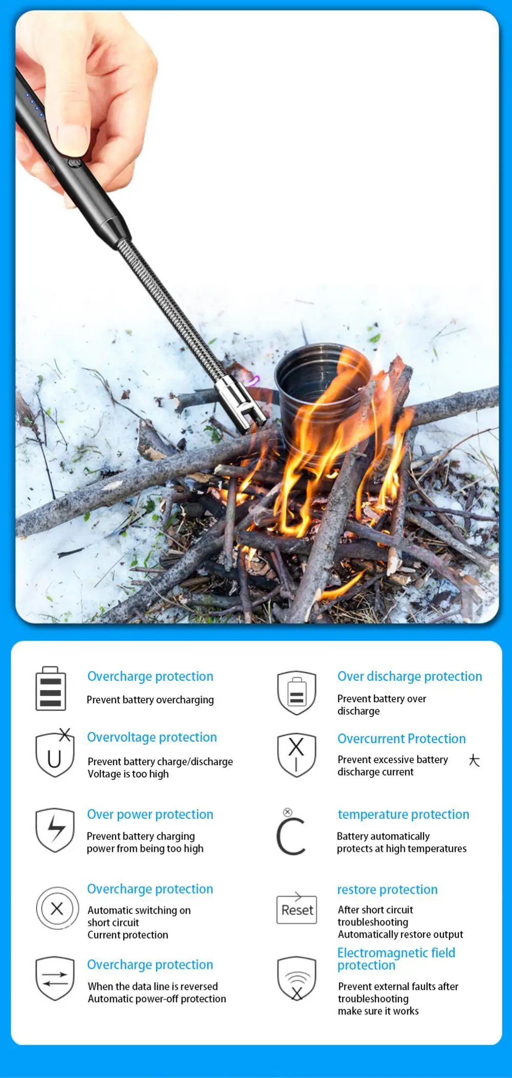 Description Picture 6 of item360° Type-C Curved Windproof Flameless Plasma Ignition Barbecue Lighter USB Long Kitchen Lighter Candle Gas Stove Gas Lighter