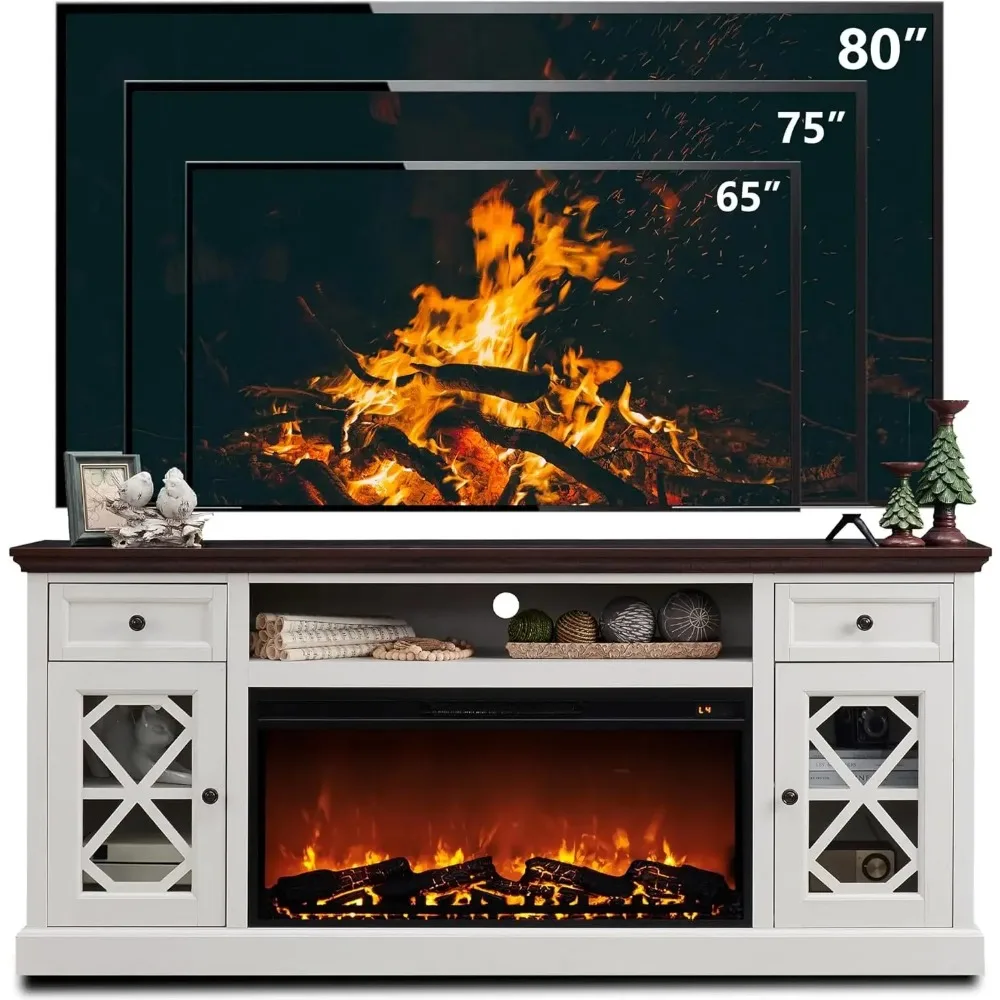 Farmhouse Fireplace TV Stand with 36" Electric Fireplace for 80 Inch TVs, 31" Tall Entertainment Center w/Drawer 4