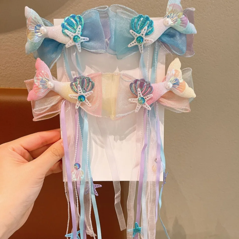 인어 꼬리 헤어 클립 어린이 활 리본 머리핀 진주 체인 클립 귀여운 소녀 달콤한 헤어 액세서리 어린이 Fishtail 모양 클립