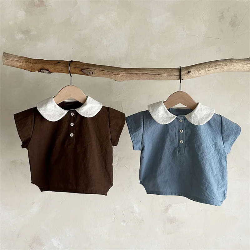 Korean version of ins boys and girls summer new fashion suit cotton trendy lapel short sleeve shorts casual two-piece set