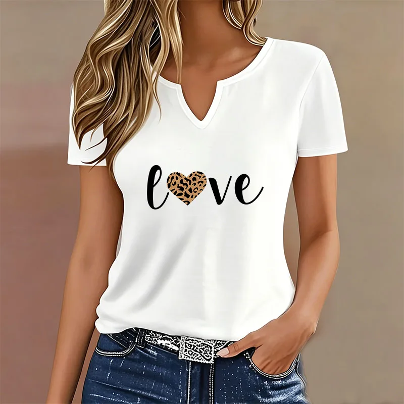 Modisches T-Shirt mit Leopardenmuster und V-Ausschnitt, Y2K-Stil, Kurzarm-Shirt für Damen, Sommer/Frühling