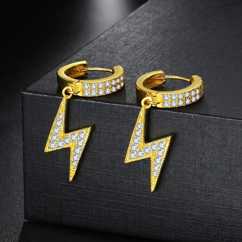 Hip Hop Drop Earrings for Women Cubic Zirconia Iced Out Lightning Pendant Ear Accessories Hippie Jewelry Dropshipping OHE032