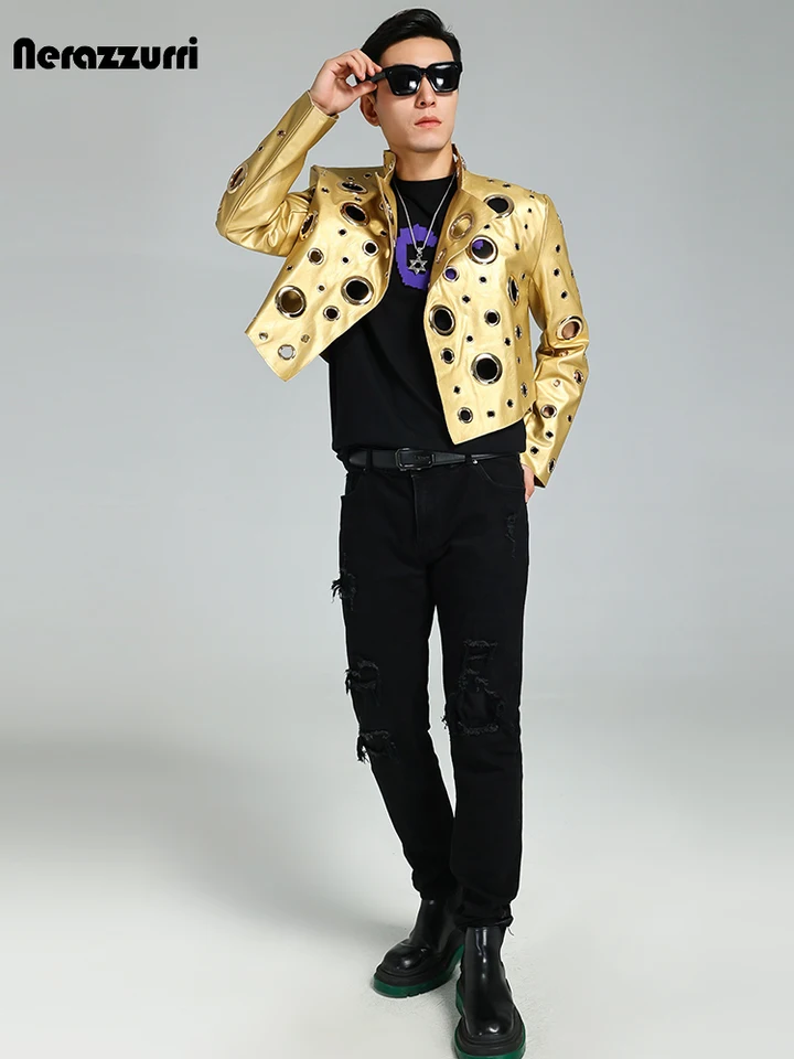 Nerazzurri Spring Autumn Cool Handsome Short Hollow Out Pu Leather