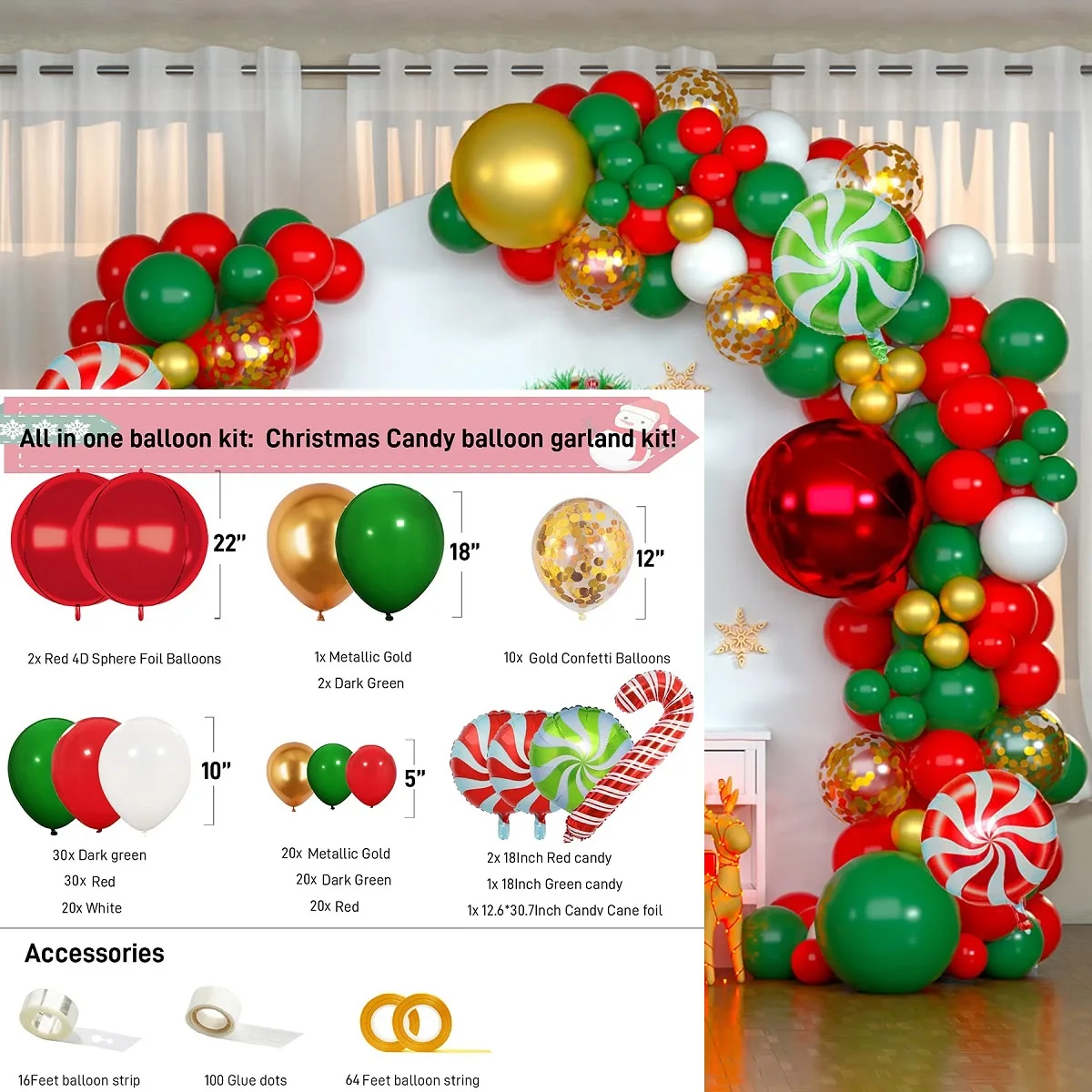 thumbnail image 1 of 1 juego de arco de globos navideños, kit de Papá Noel, ciervo, caja de regalo de dulces rojos navideños, globo de aluminio para decoraciones navideñas, suministros para fiestas, 1 of 5
