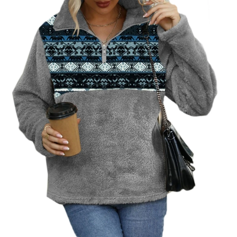 

Fashionable Women's Coat Double Side Plush Sweater Functional Up Outerwear Casual Printed Pullover Tops