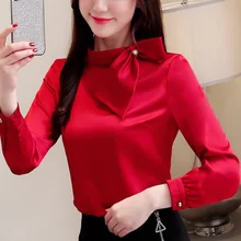 

Silk Women Shirts Blouses Bowknot Button Long-sleeve Blouse Spring Fashion Solid Womens Tops Elegant Satin Basic Woman Clothing