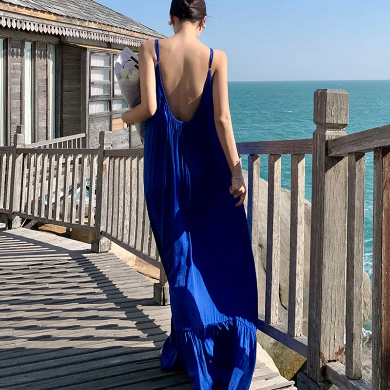 

Oversized Maxi Dresses Women Summer 2024New Sexy Backless Clothes Sling dress Seaside Holiday Beach Dress lady Floor-length Robe