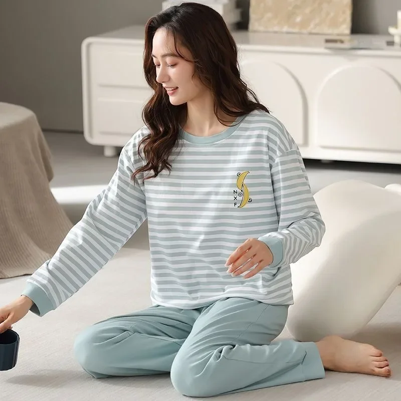 

2024 New 100% Pure Cotton Padded Pajamas Women Spring Autumn Long Sleeved Stripes Loungewear Middle-aged Large Size Homewear Set