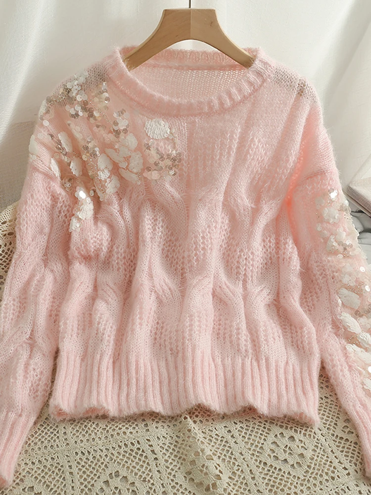 

YornMona Sweaters Women 2022 Early Autumn Sequin Design O-neck Casual Loose Long Sleeve Knitted Pullover Tops