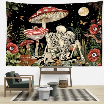 Tapisserie psychédélique crâne de champignon, soleil, fleurs Hippie, tapisserie murale Cool 1