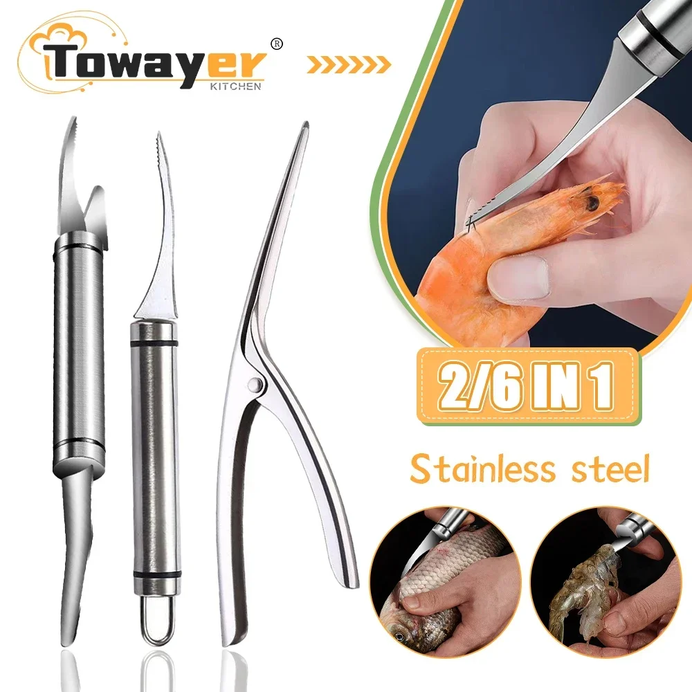 Shrimp Peeler Multifunctional Fast Shrimp Peeler Stainless Steel 6 In 1 Fish Knife Shrimp Line Cutting /Scraping /Digging Knife Kitchen Tools