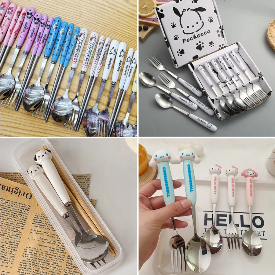 

Милый детский набор столовых приборов из нержавеющей стали в стиле аниме Cinnamoroll Kuromi My Melody