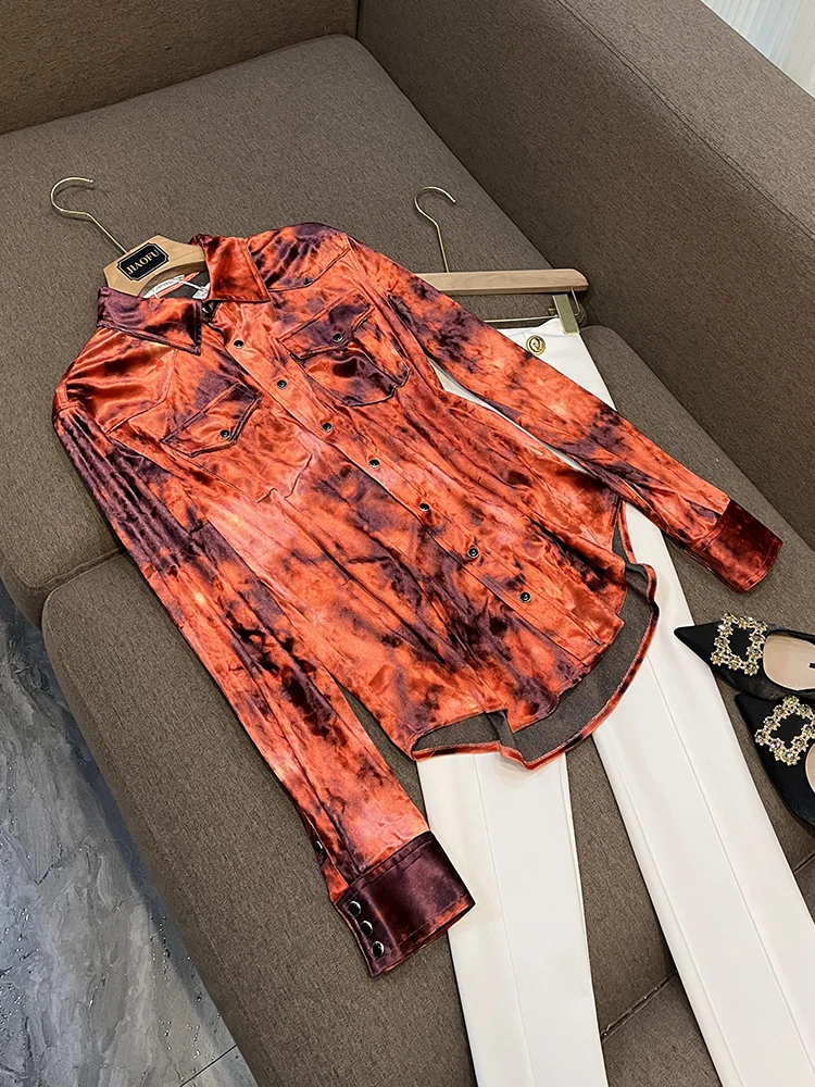 

Lady High Quality Velvet Outwear Turn-down Collar Long Sleeve Designed Single-breasted Women Fashion Street Shirts