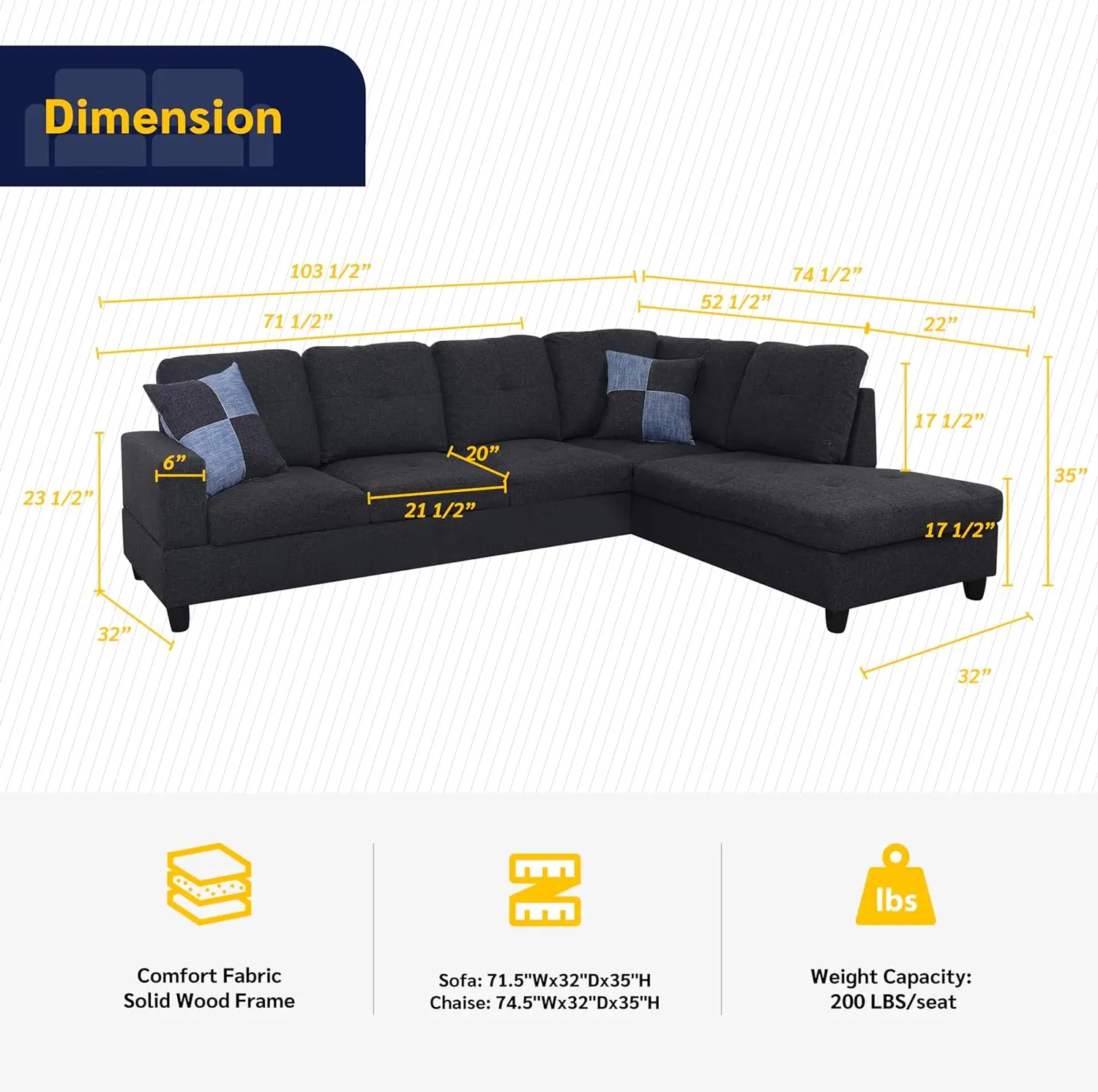 

Fountainblue Right Facing Sectional (Sofa+Chaise), 103.5x74.5, Black Grey