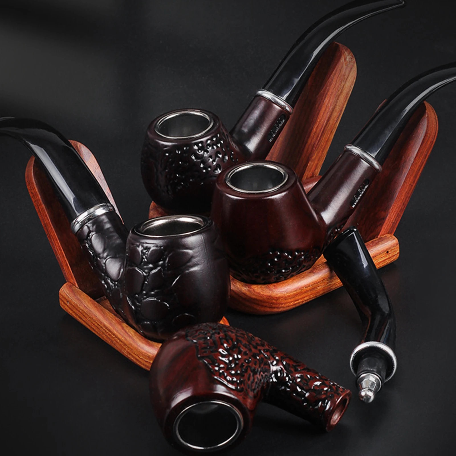 1pc Solid Wood Tobacco Pipe Pattern Carving Smoke Pipe Filter Cigarette Holder Herb Grinder Smoking Tools