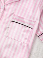 Satin Silk Women Pajamas Set Short-Sleeved Student Homewear Two-Piece Cardigan Lapel Senior Sense of Pink Striped Large Size - Image 3