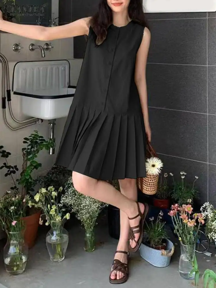 

ZANZEA Women Beach Tank Sundress 2024 Summer Pleating Sleeveless Dress Solid Fashion Buttons Mini Robe Casual Loose O-Neck Dress