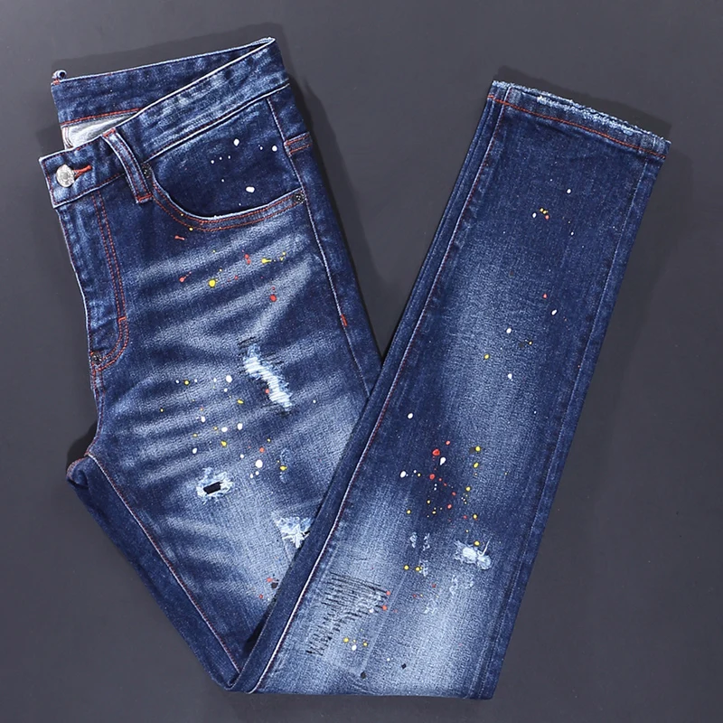 Street Fashion Men Jeans Retro Blue High Quality Slim Fit Elastic Ripped Jeans Men Vintage Trousers Brand Designer Pants Hombre