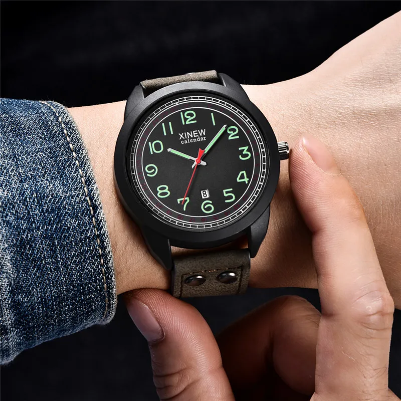 Men Original XINEW Brand Cheap Watches Erkek Barato Saat Fashion Leather Band Army Sports Date Quartz Watch Reloj Hombre 2024
