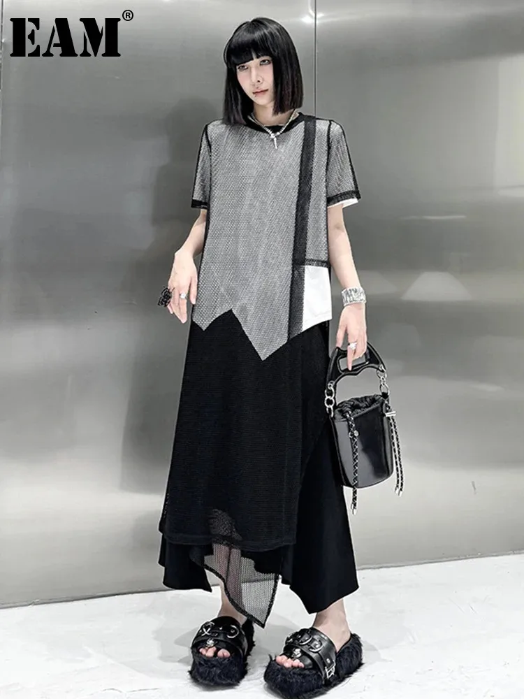 

[EAM] Women White Irregular Hem Mesh Long Big Size T-shirt New Round Neck Short Sleeve Fashion Tide Spring Summer 2024 1DH5407