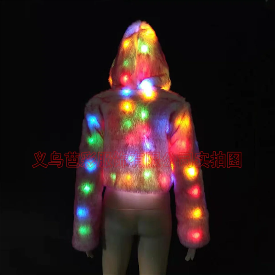 LED Tron Dance Costume Woman Dancer Light Up Clothing Faux Fur Coat Bar Nightclub Christmas Party Rave Outfit Glow Jacket Wear