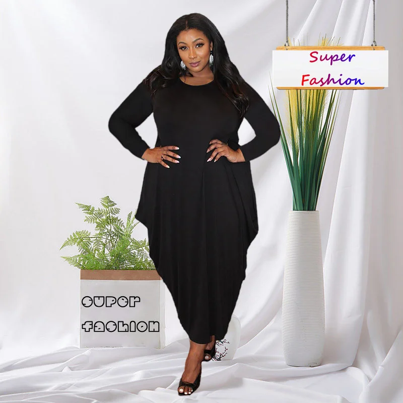 

WSFEC L-5XL Plus Size Women Clothing 2023 Fashion Casual Irregular Long Sleeve O Neck Long Dresses Female Outfits Dropshipping