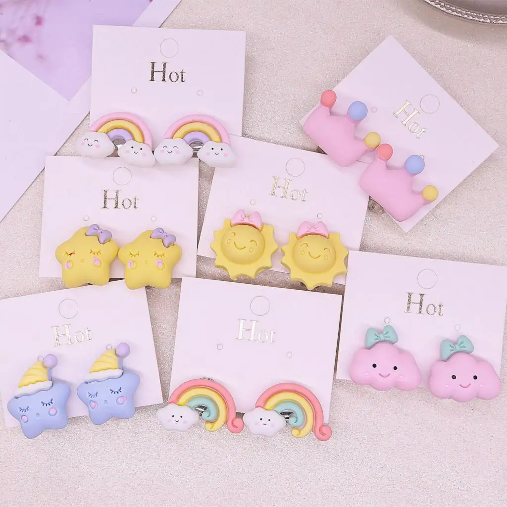 

Rainbow Sun Stars Cute Korean Girls Clip On Earrings Pink Crown Star No Pierced Earring Jewelry for Children Girls Accessory