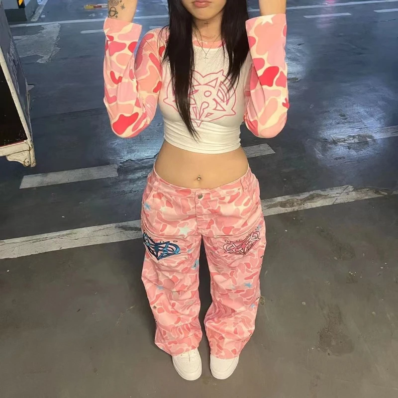 Shinjuku pink camouflage tie-dye pattern printed casual straight pants for women niche hot girls street hip-hop American jeans