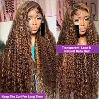 Perruques complètes en cheveux humains naturels, frontale en dentelle HD transparente 13x4, bouclées couleur miel marron, couleur ombrée, ondulations profondes, 4/27 2
