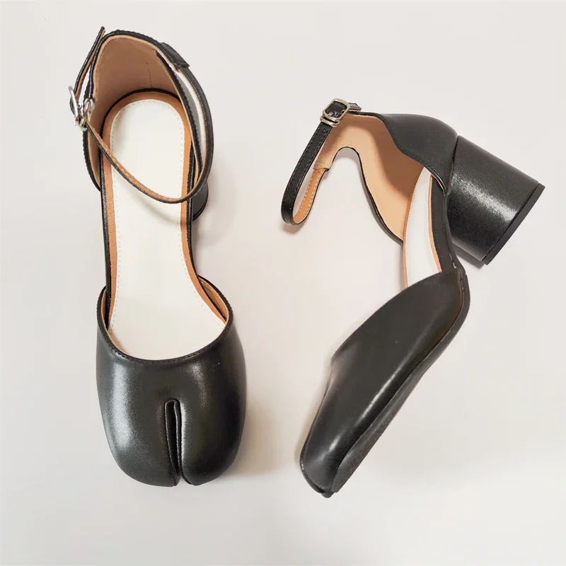 

Women Split Toe Tabi Pumps Woman 6cm/3.5cm Heels Round High Heel Shoes Female Buckle Strap Shallow Sandals Shoes