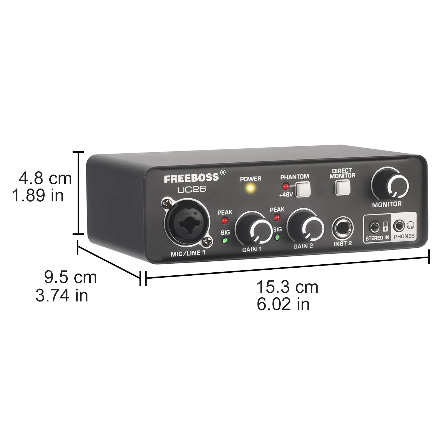 Freeboss 외부 Usb 오디오 인터페이스 48V XLR 입력 모니터 PC 48KHz 녹음 사운드 카드 ASIO4ALL for Studio Guitar UC26