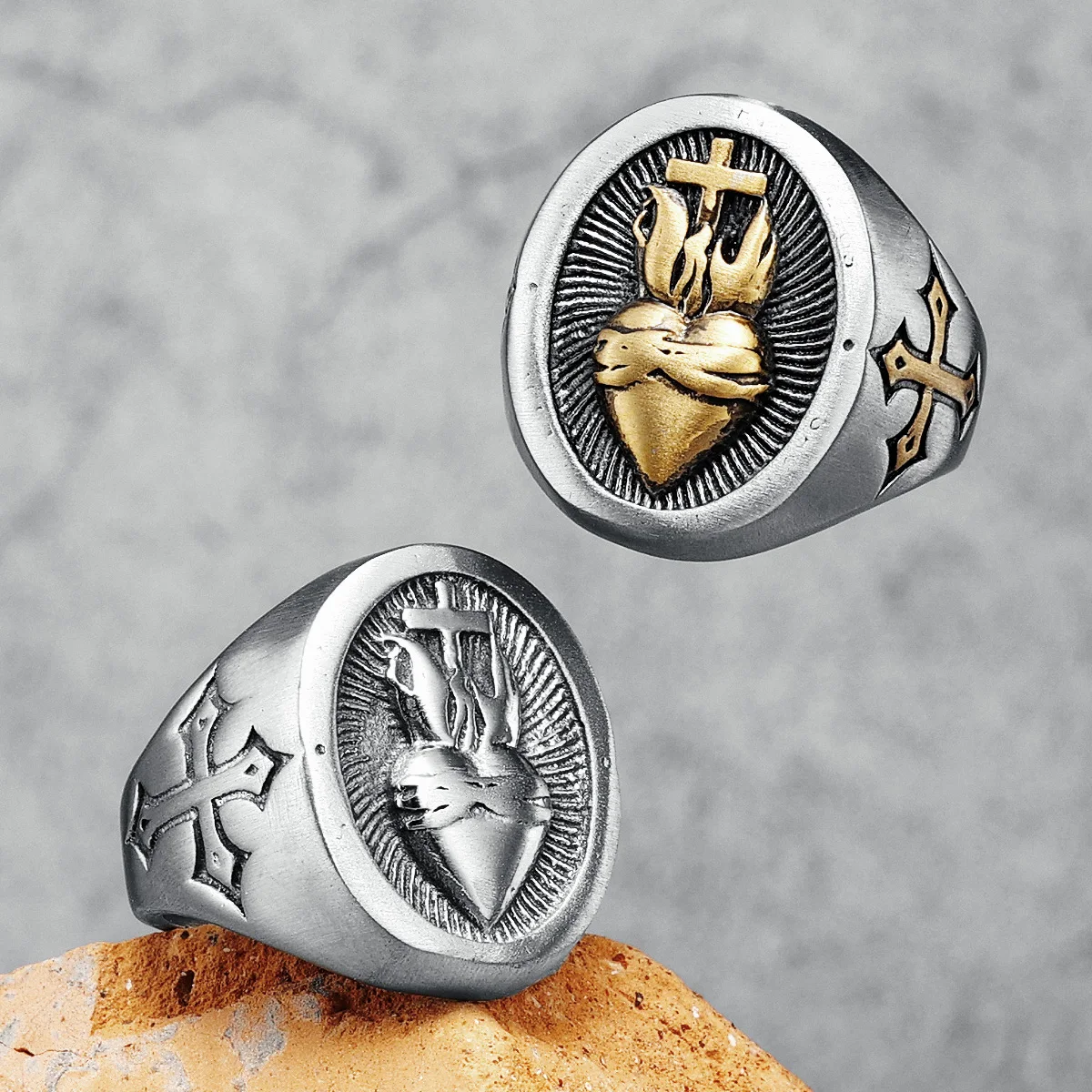 Heart of God Ring Religion Cross 316L Stainless Steel Mens Rings Amulet