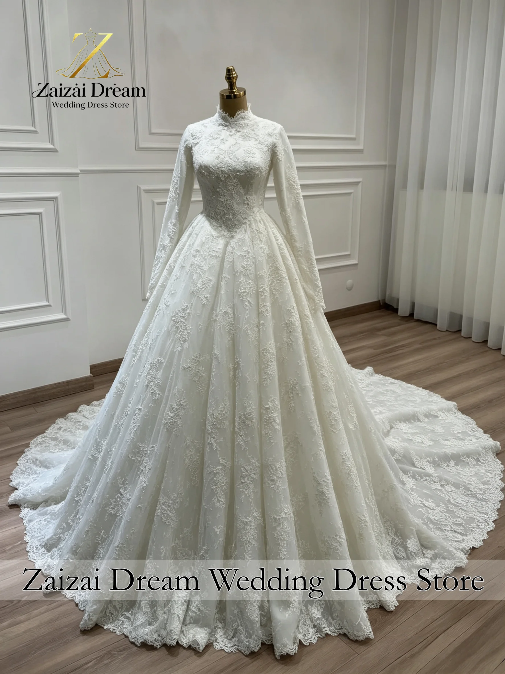 Customized Exquisite Muslim Wedding Dress High Neck Long Sleeve Exquisite Lace Princess Ball Gown Vestido De Novia