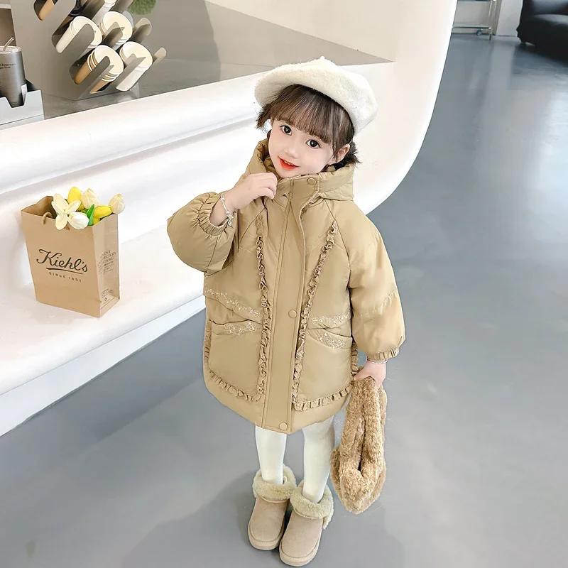 

Baby Girls White Duck Down Coats Autumn Winter Children Hooded Jackets Lace Floral Princess Outdoor Outerwear 2-8Y Kids Clothing