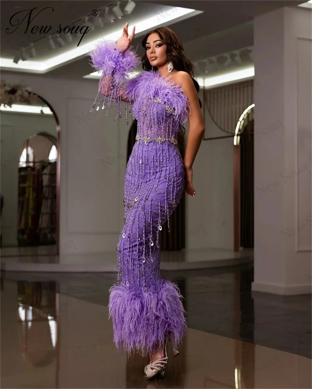

Saudi Arabia Purple Mermaid Evening Dresses With Feathers Dubai Robes Beading Tassel Prom Occasion Dress Party Engagement Gowns