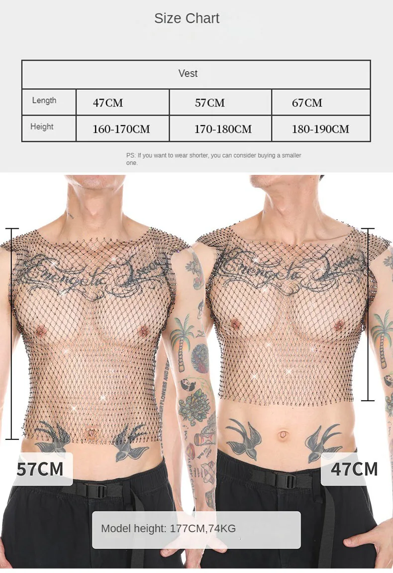 Men Sexy Tank Tops Fishnet Rhinestone Shiny Hollow Vest Man Mesh See-Through Sleeveless T-Shirt Transparent Clothing 2