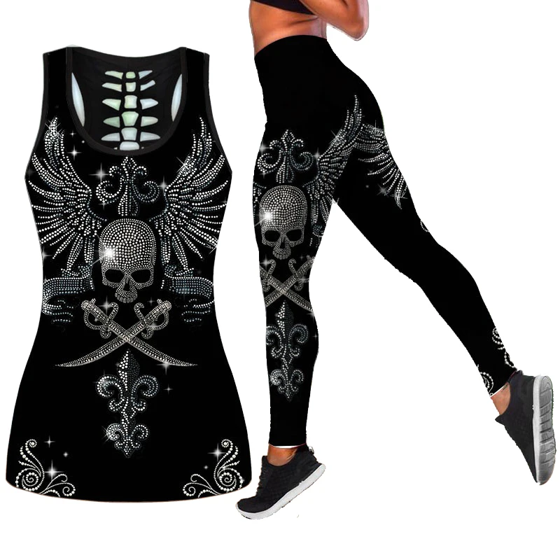 Skull Angel Hollow Tank Top + Leggings Yoga Outfit Fitness Leggings Athletic Set Xs-8Xl