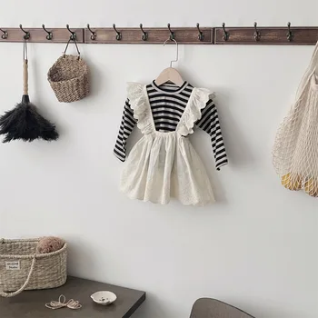 طقم ملابس أطفال ربيعي تي شيرت مخطط بأكمام طويلة + فستان دانتيل سهل الارتداء طقم مكون من قطعتين للفتيات من سن 0 إلى 3 سنوات 2