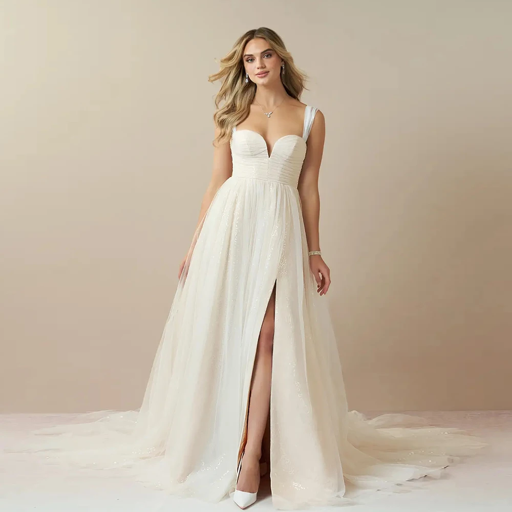 

Spaghetti Straps Strapless Wedding Dresses for Women 2024 Side Slit Bridal Gowns with Pleat Sweep Train Vestido De Novia New