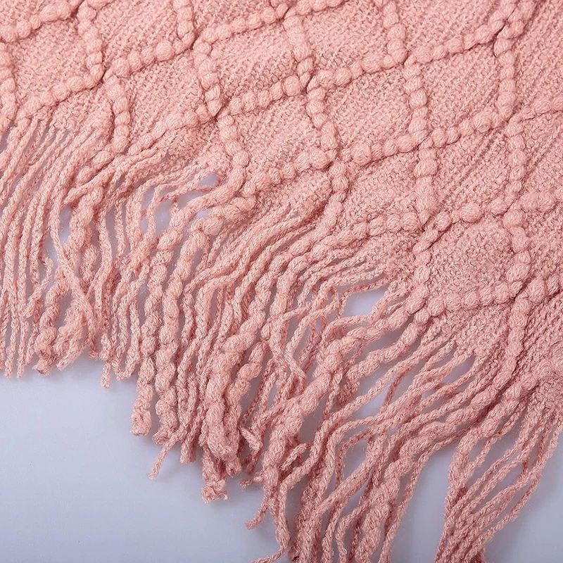 Nordic Knitted Tassels Fringe Pink Blankets Lightweight Throw Solid Blanket Cozy Farmhouse All Season Comfort For Wedding Gift 4