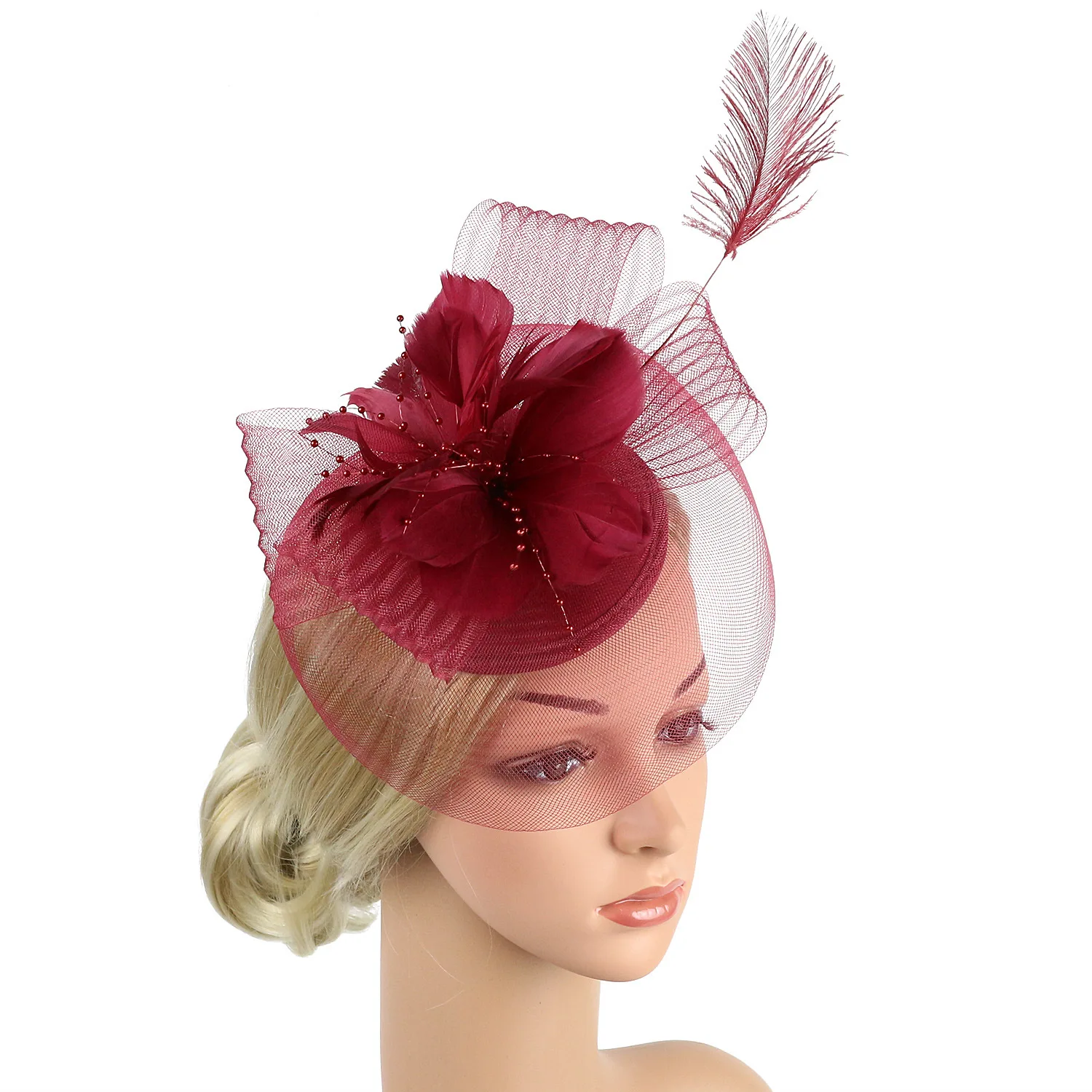 Women Ascot Fascinator Hat Feather Flower Mesh Hair Clip Kentucky Derby Photography Headwear Cocktail Tea Party Hair Accessory