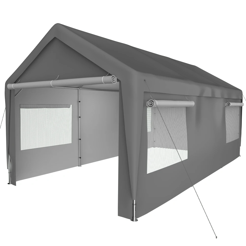 3x6m Grauer Winterfester Stahl-Carport: Garagenzelt mit Aufrollfenster, Abnehmbaren Seitenwänden/Dachabdeckung für Auto, SUV, Boot, LKW – Detail 9