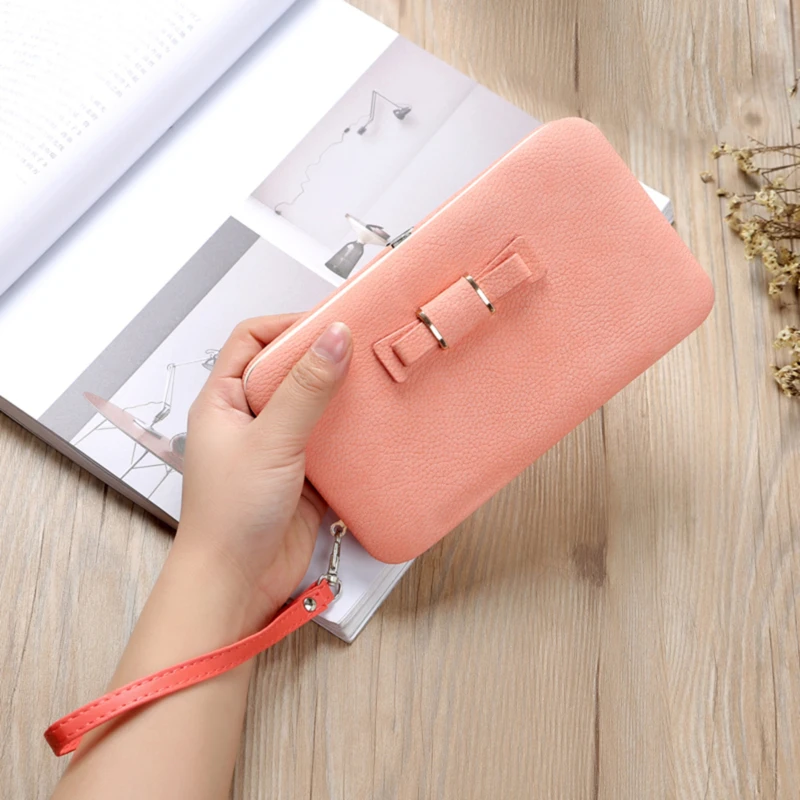 

Женский кошелек, Дамский Длинный модный кошелек с бантом, маленький складной вместительный удобный портативный держатель для монет и карт из искусственной кожи, женский кошелек